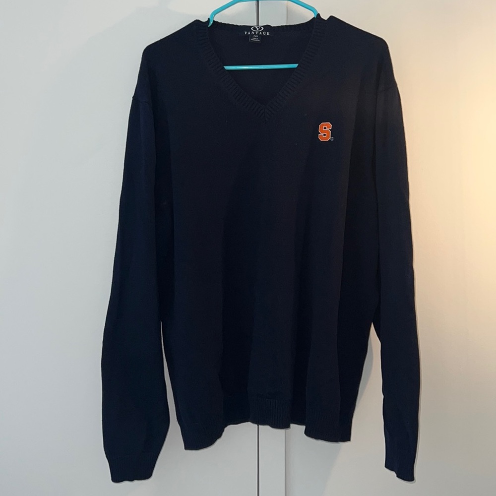 Navy Syracuse XL Knit V-neck Sweater with Embroidered Logo